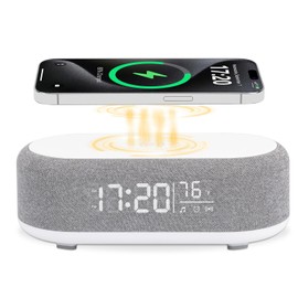 Couperos 4in1 Alarm Clock with Wireless Charging Wireless Speaker Night Light & Temperature Display – Customized Sleep-Wake Routine Alarm Clock for Heavy Sleepers (Gray)