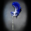 Handheld Stick Mask | Feather Masquerade Mask Blue Silver