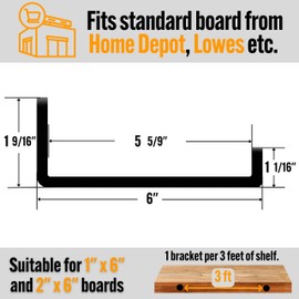 EVALD Floating Shelf Brackets w/ Lip | Hidden Black Carbon Steel Brackets for 6-inch Board (5 5/9" True Size) Kitchen, Nursery | Minimalist Design for Fireplace Mantel, Bookshelves, Bar Shelves 4 Pack