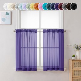Chyhomenyc Sheer Purple Tier Curtains 24 Inch Length, Small Window Curtains Treatment for Bathroom Living Room Basement, Short Rod Pocket Cafe Curtain, 42W x 24L Inches, 2 Panels