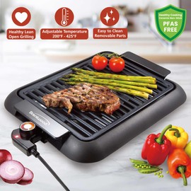 Brentwood 1200W Electric Smokeless Indoor Grill with Ceramic Non-Stick Surface, Adjustable Temperature, and Dishwasher Safe Parts, 12.6” x 10”, Black