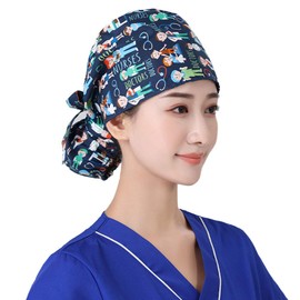 Deluxe Scrub Cap with Buttons Long Hair Bouffant Hat with Sweatband Adjustable Cotton Turban Head Cover Hair Nets Covering Skull cap for Hospital Workshop Home Beauty Catering (Printed A)