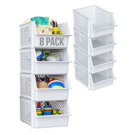 Skywin Plastic Stackable Storage Bins for Pantry - Stackable Bins For Organizing Food, Kitchen, and Bathroom Essentials (White - 8 Pack)
