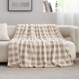 Snuggle Sac Buffalo Plaid Bedding Blanket Twin Size, Super Soft, Cozy Warm Knit Decorative Blankets, Reversible Plaid Fluffy Throws for Bed, Plaid Beige, 60x80 Inches