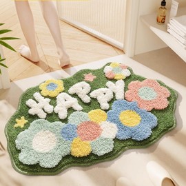 LORVOR Boho Flower Bath Mat, Extra Soft Thickened Microfiber Bathroom Cute Colorful Rug, Absorbent Washable Non-Slip Floral Decor Bath Mat for Sink, Shower, Tub, Entry Way