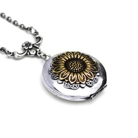 Golden Sunflower Locket Necklace That Holds Pictures - 1 Inch Round with 20 Inch Chain