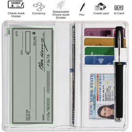 Sanlykate Leather Checkbook Cover for Men and Women, RFID Blocking Check Book Case Card Holder with Free Divider, Standard Register Duplicate Checks with pen inserts, White, One Size, Wallet Style