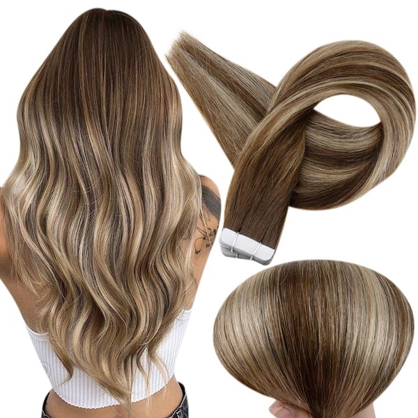 Fshine 16 Inch Tape In Human Hair Extensions Remy Hair Balayage Color 4 Medium Brown Fading To Color 24 Honey Blonde Highlight 4 Medium Brown Seamless Skin Weft Hair Extensions 20 Pieces 50 Grams