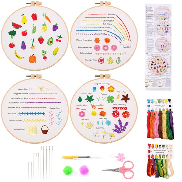 MAMUNU Embroidery Stitch Practice Kit, 4 Pack Embroidery Kit for Beginners with Flowers Plants Pattern, Embroidery Starter Kit with Instructions, Hoop, Threads and Tools for Adults Kids