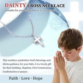 FLHEART Sterling Silver Cross Necklace for Kids - Dainty Cross Pendant Necklace Christening Gift for Godchild, Easter First Communion Confirmation Baptism Gifts for Boys Girls (Boy, Silver)