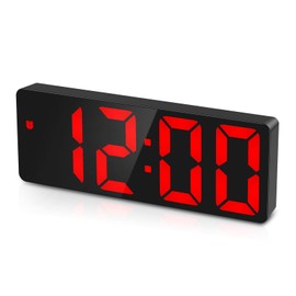 OQIMAX Digital Alarm Clock, Digital Alarm Clock with Large Numbers, Portable Alarm Clock with Repeat, 3 Brightness, Temperature Display, Date, 12/24 Hours, Voice Control, Black/Red