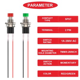 MKBKLLJY 15Pcs 7mm Red/Green Mini Round Pushbutton Switches 1A 250V AC 2 Pins SPST ON Off Momentary Push Button Switch with Locked Terminal Wires and Wiring Cap for Car, Boat