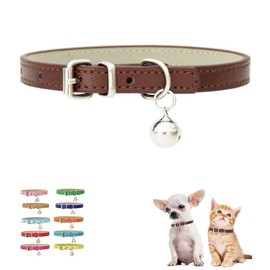 Dog Collar XXS with Bell, Puppy Collar Boys Cats Collar with Bell Faux Leather PU Adjustable for XXS Xs Small Pet Dogs Animal Litter Tiny Male Brown,XXSmall
