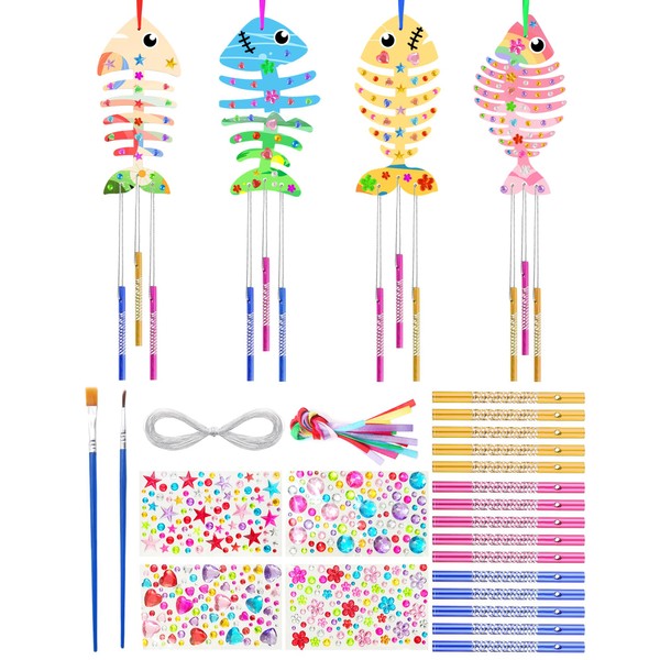 Anvin Wood Wind Chime Make Your Own Chimes 12 Pack Fishbone Ornaments Wooden Chime Kits with Gem Diamond Stickers for Arts and Crafts DIY Kids Birthday Party Gift Making Children Craft Fun(4 Designs)
