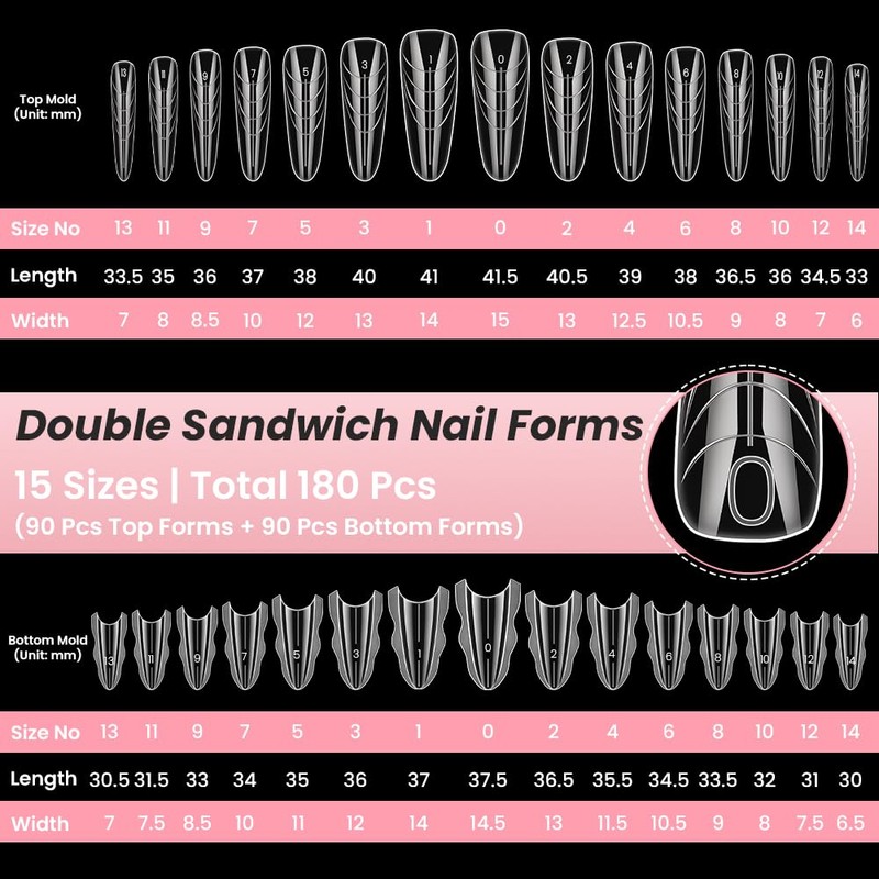AOOWU Sandwich Dual Nail Forms, 180 Pcs Gel Nail Tip