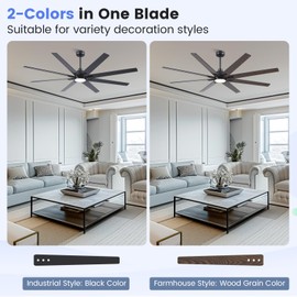 Newday 72 inch Large Ceiling Fans with Lights and Remote, Indoor/Outdoor Black Ceiling Fan for Living Room Patio, 6 Speeds Slient Reversible DC Motor, 3CCT, Timer, 3 Downrods, 8 Blades