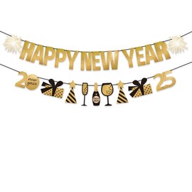 Dusenly 2025 Happy New Year Banner Gold 2025 New Year's Eve Party Bunting Banner Garland for 2025 New Year's Eve Party Decorations Favors