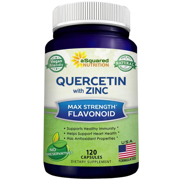 aSquared Nutrition Quercetin 1000mg with Zinc Supplement - 120 Capsules - Quercetin Dihydrate with Black Elderberry & Zinc - Max Strength Powder Complex Pills to Help Improve Immune Response