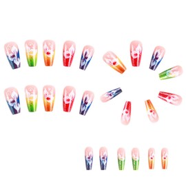 Press on Nails Medium Coffin Fake Nails with Flowers Designs Colorful Full Cover Nails Press ons Glossy Glitter Acrylic Nails French Glue on Nails for Women 24 Pcs