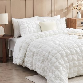 Jameswish White Comforter Set Queen Size Bed in A Bag 7 Piece Pinch Pleat Bedding Set,Pintuck Ruched Square Bed Set with Comforter, Sheets, Pillowcases & Shams