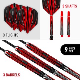 Harrows Fire Inferno 90% Tungsten Steel Tip Darts Set 22g, 23g & 24g- Includes Red Supergrip Ignite Shafts & stunning new 100 Micron Fire Flights (22g)