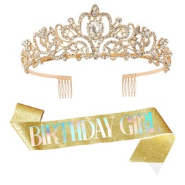 Birthday Crown and Sash for Girl,Gold "Birthday Girl" Sash & Rhinestone Tiara Set and Sashes for Gril's Birthday Decor