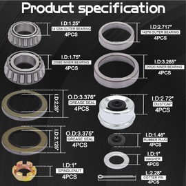 Ruikarhop 25580 14125A Boat Trailer Hub Wheel Axles Bearing Kits for 5200-7000 LB.Tandem Axles (4 Sets)