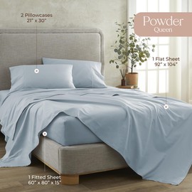 100% Organic Cotton Sheets Queen Size - GOTS Certified Organic Bed Sheets with Deep Pocket & Breathable and Cozy Sateen Weave Gets Softer with Each Wash - Luxury 4 Piece Set (Powder, Queen)