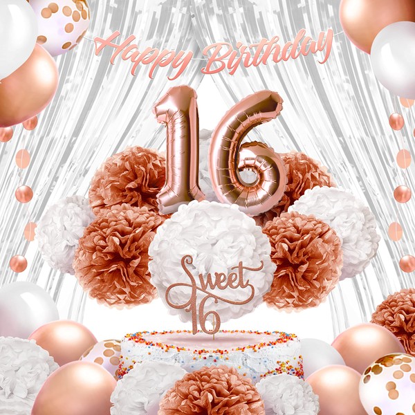 EpiqueOne 41-Piece Rose Gold Sweet 16 Birthday Decoration for Girls | Includes Happy Birthday Banner, Cake Topper, Tissue Pom Poms & More | Easy to Set Up | Also Ideal for Bridal & Baby Showers & More