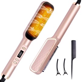Hair Straightener Brush - Portable Hair Brush for Travel, Ring Hair Straightener Comb Straightening Brush for Women, 10s Fast Heating for Thick Curly Hair, 176-446℉ Temps, Dual Voltage, Rosegold