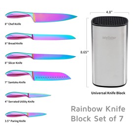 WELLSTAR Rainbow Knife Set - 7-Piece Iridescent German High-Carbon Stainless Steel Kitchen Knives with Universal Knife Block, Colorful Kitchen Cutlery for Cooking and Food Prep
