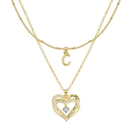 Lydreewam Gold Layered Heart Necklaces for Women, 14k Gold Plated Dainty Layering Heart Initial Letter C Necklaces with Cubic Zirconia, Adjustable Chain Necklaces Jewelry Gift