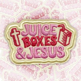 Juice Boxes Jesus Patch 3 Inches Funny Cross Christian, Religious, Bible Verse Humor Iron On/Sew On Embroidery Fabric Applique Patches for Trucker Hats Clothes Backpack DIY Accessories Friends Gifts