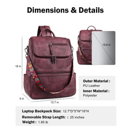 FADEON Laptop Backpack for Women Leather Travel Backpack with Laptop Compartment, Designer PU Shoulder Laptop Bag Red