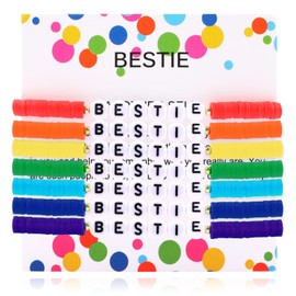 Colorful Heishi Surfer Bracelets Set for Women BESTIE Stackable Rainbow Clay Disc Beaded Stretch Bracelets Elastic Friendship Bracelets Cheer Group Boho Summer Beach Jewelry for Her, Gift Box