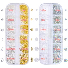 HNUIX Nail Art Charms - Metal Silver & Gold Beads, Flatback Half Round Rhinestones, Small Nail Pearls, 3D Mixed Sizes Decorations for Nails Kits