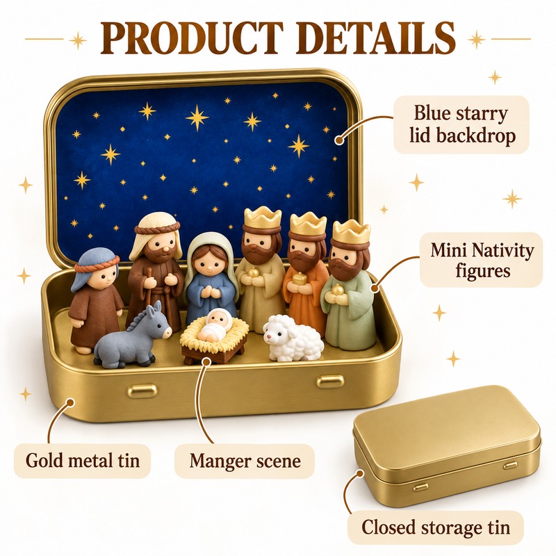Mini Christmas Nativity Set in Tin Box, Portable Manger Scene