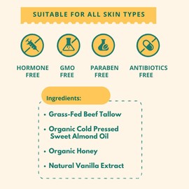 MEEZEE All Natural Beef Tallow For Skin - Handmade in USA - 100% Grass-fed Beef Tallow Face Moisturizer for Eczema, Baby & Dry Skin - Tallow Honey Balm infused with Vanilla