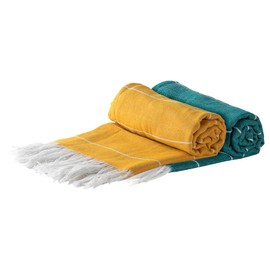 Nicola Spring Set of 2 100% Turkish Cotton Towels | Beach Bath Gym Sauna | Hammam Peshtemal Fouta Style Throw Sheet - Aqua/Mustard