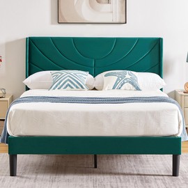 VECELO Queen Size Bed Frame Upholstered Platform Bed Frame with Fabric Headboard,Wooden Slats Support/No Box Spring Needed/Mattress Foundation,Dark Green