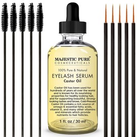 Majestic Pure Castor Oil for Eyelashes Growth Serum, Pure and Organic, Promotes Natural Eyebrows & Eyelash Growth, 1 fl oz - Free Set of Mascara Brush and Eyeliner Applicator