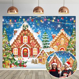 Christmas Gingerbread House Backdrop 7x5FT Blue Merry Christmas Candyland Background Winter Christmas Holiday Party Wall Decorations Supplies Photo Props
