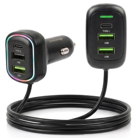 Generico Caricabatterie Auto USB C con Cavo Esteso per Sedili Posteriori, 3 Porte, Caricatore Auto Accendisigari Compatto con LED per Auto