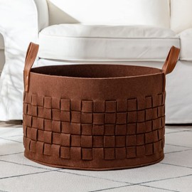 boldmonkey Laundry Basket 20 " x20 x11.8 , Large Felt Fabric Blanket Basket with Leather Handle, Dirt Clothes Laundry Hamper Round for Babies, Dogs and Living Room-Brown