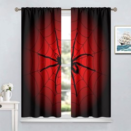 Spider Web Window Curtains for Kids, Big Spider Black Spiderweb Blackout Rod Pocket Windows Treatments for Boy Girl Baby Nursery Toddler Children Bedroom 42x63in
