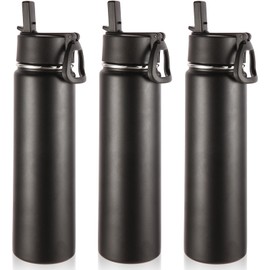 Volhoply 24oz Insulated Water Bottle With Straw Bulk 3 Pack,Metal Wide Mouth Water Bottles With Handle Lid Keep Cold,Reusable Double Wall Cups,Powder Coated Sport Bottle For Holder(Black,3 Count)