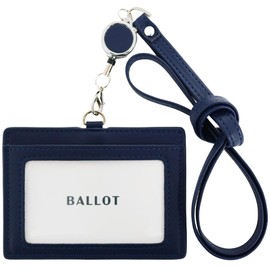 [Barrot] Genuine Leather ID Card Holder Name Holder Horizontal Pass Case Neck Strap with Elastic Reel, navy