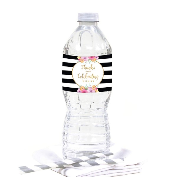 Andaz Press Floral Gold Glitter Print Wedding Collection, Water Bottle Label Stickers, 20-Pack