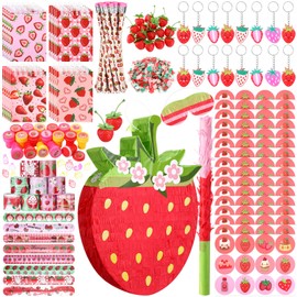 Spakon 113 Pcs Strawberry Piñata Strawberry Birthday Party Supplies Piñata Set 16 Mini Notebook 16 Pen 16 Keychain 16 Silicone Bracelet 16 Mini Strawberry 16 Sticker 16 Stamp Party Supplies Gifts