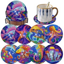 8 Pcs Diamond Art Painting Coasters Kit Ocean Diamond Art Coasters with Holder DIY Diamond Art Coasters for Beginners Adults Table Home Craft Gift Supplies